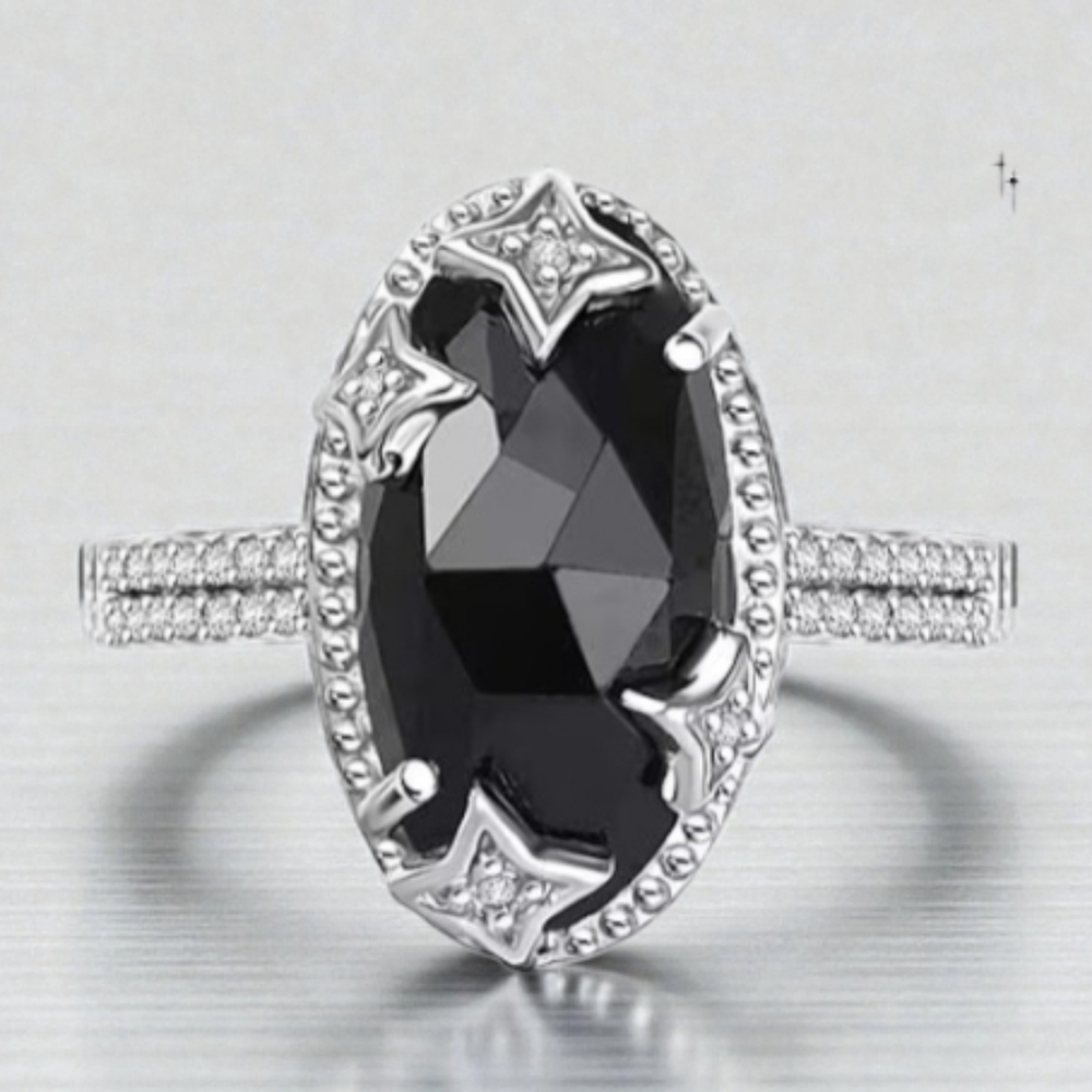 🔥Black Spinel & White Zircon 6.85 ctw Celestial Ring in Rhodium Over Sterling - Picture 4 of 7